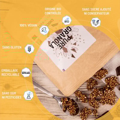 granola chocolat bio sans gluten, vegan sans conservateur sans ogm ni pesticides